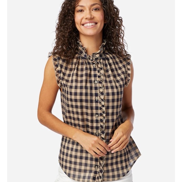 Pendleton Tops - Pendleton Navy and Tan Checkered Ruffle Blouse Country Western Cottagecore